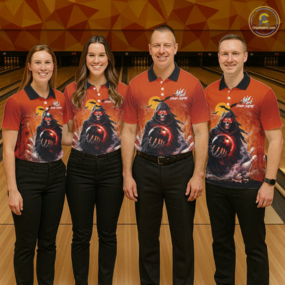 Group of four wearing custom orange grim reaper bowling shirts front view featuring hooded grim reaper artwork with glowing bowling ball, fiery smoke effect and sunset background at the bowling alley