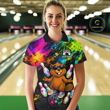 Custom Funny Beaver Bowling Shirt, Colorful Bowling League Jersey for Women, Bowling Outfit QZT1205