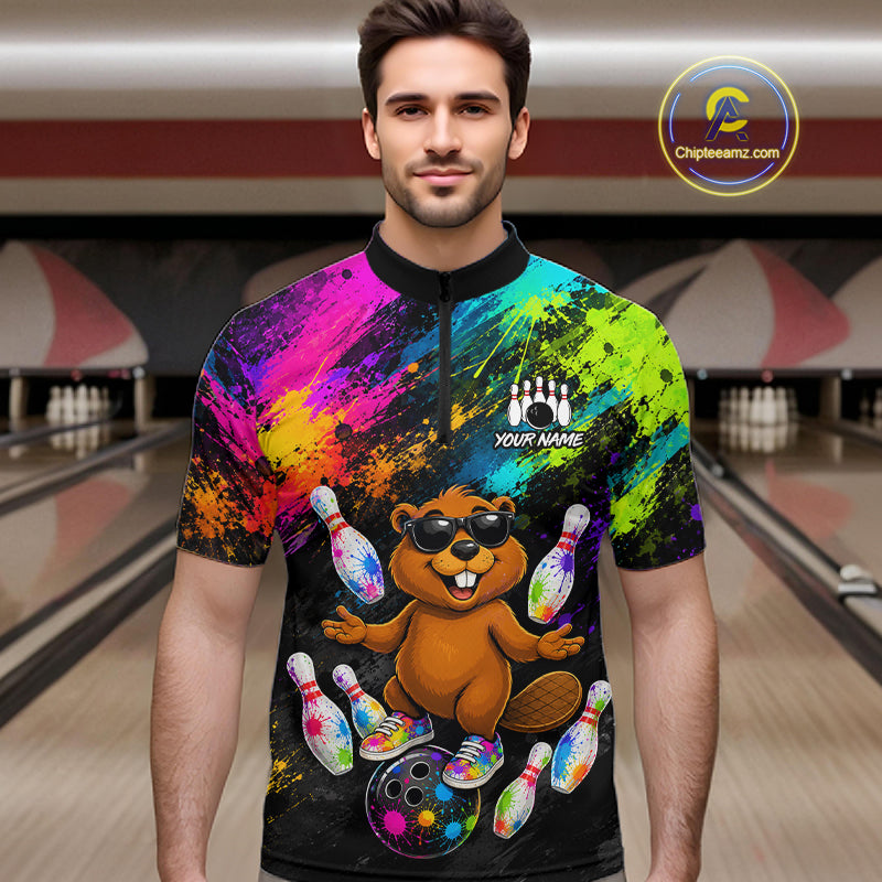 Custom Funny Beaver Bowling Shirt, Colorful Bowling League Jersey for Men, Bowling Outfit QZT1205