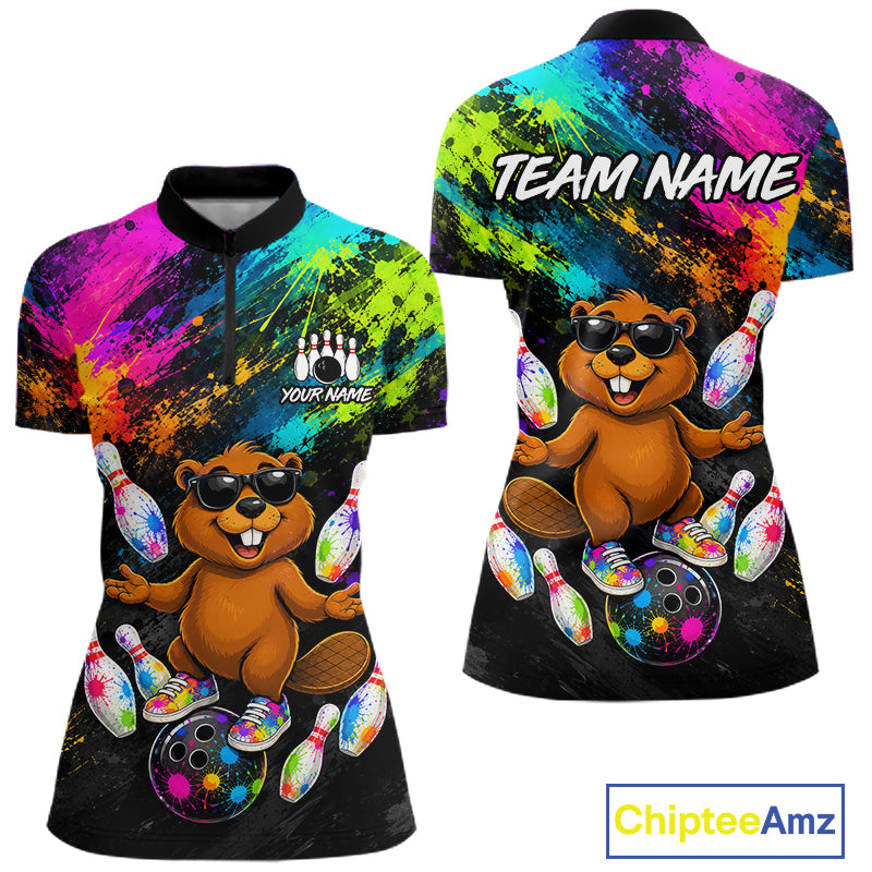 Custom Funny Beaver Bowling Shirt, Colorful Bowling League Jersey for Women, Bowling Outfit QZT1205