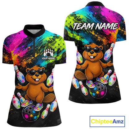 Custom Funny Beaver Bowling Shirt, Colorful Bowling League Jersey for Women, Bowling Outfit QZT1205