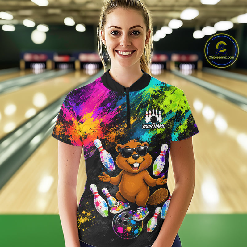 Custom Funny Beaver Bowling Shirt, Colorful Bowling League Jersey for Women, Bowling Outfit QZT1205