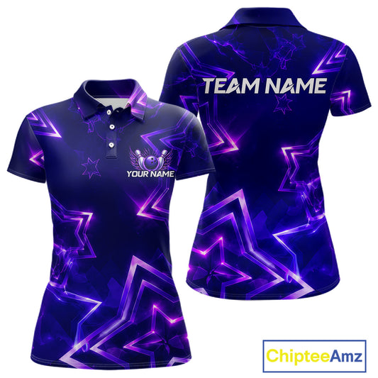Custom Neon Purple Star Bowling Shirt for Women Bowling Jersey Polo & Quarter-Zip QZT1025