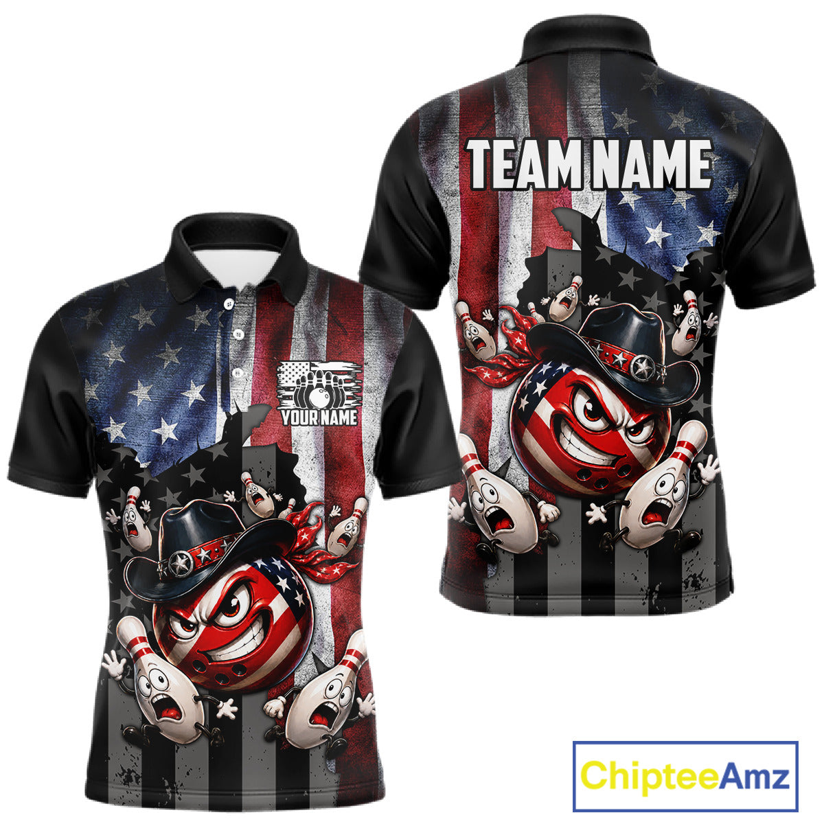 Polo shirt with American flag design and cartoon bowling ball character, featuring 'Chiptee Amz' branding.