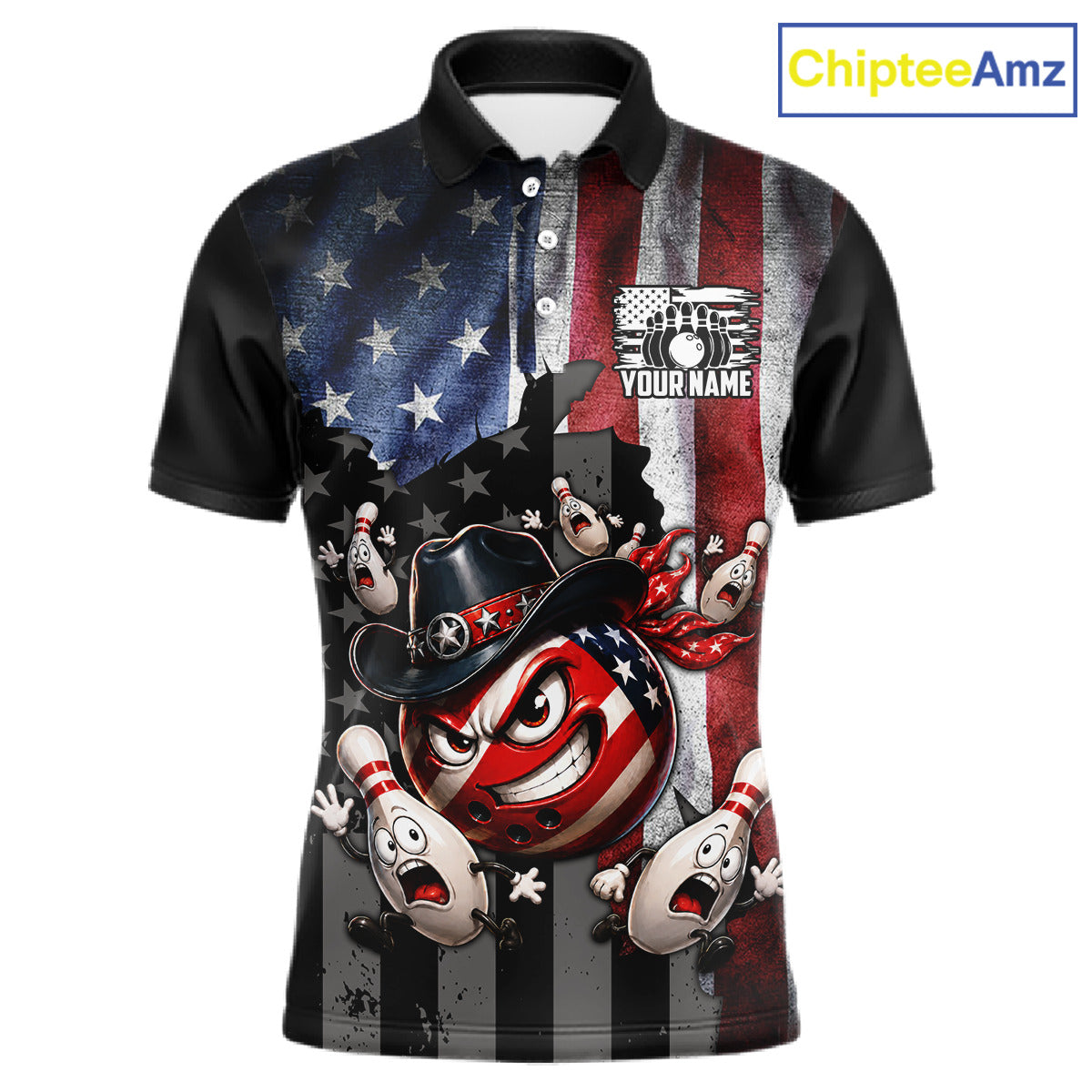 Polo shirt with American flag design and cartoon character on a white background