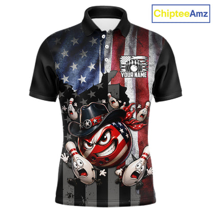 Polo shirt with American flag design and cartoon character on a white background