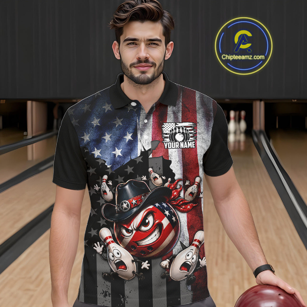 Man wearing a custom polo shirt with a graphic design in a bowling alley