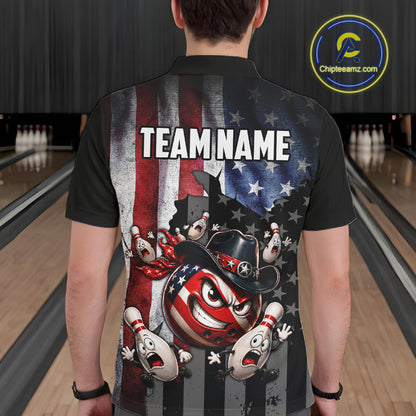 Person wearing a black bowling shirt with American flag design and 'TEAM NAME' text in a bowling alley.