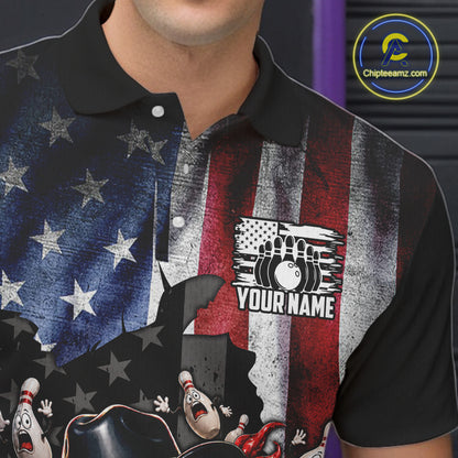 Polo shirt with American flag design and bowling graphic, featuring 'Your Name' text.