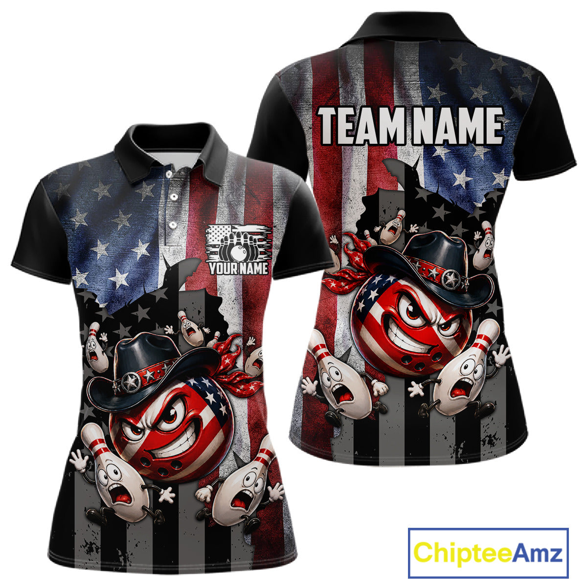 Polo shirt with American flag design and cartoon bowling ball character, customizable text on a white background.