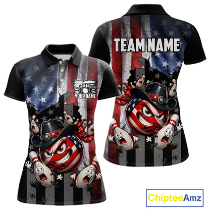 Polo shirt with American flag design and cartoon bowling ball character, customizable text on a white background.