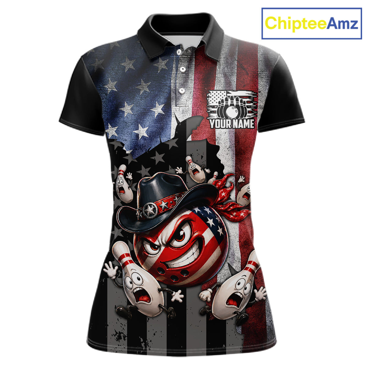 Polo shirt with American flag design and cartoon character on a white background