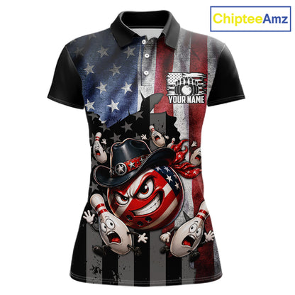 Polo shirt with American flag design and cartoon character on a white background