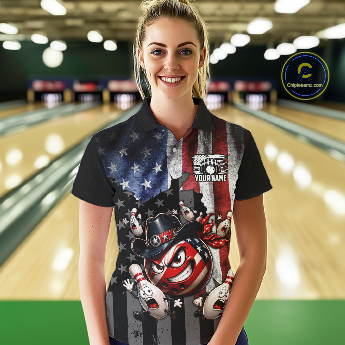 Woman wearing a custom bowling shirt with a graphic design in a bowling alley.