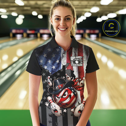 Woman wearing a custom bowling shirt with a graphic design in a bowling alley.