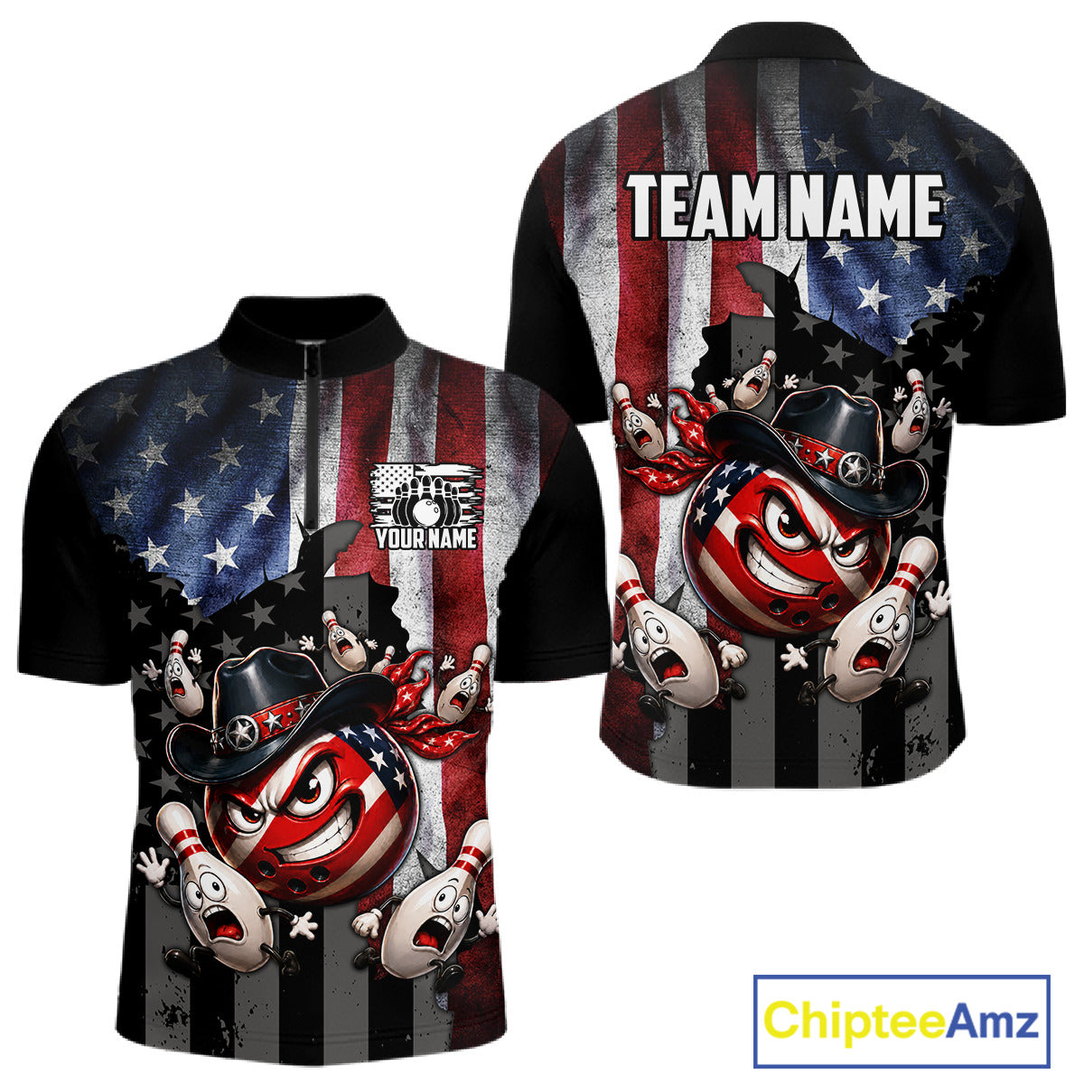 Polo shirt with American flag design and cartoon bowling ball character, customizable text on a white background.