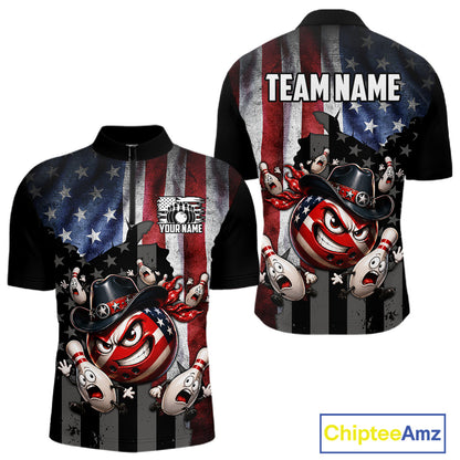 Polo shirt with American flag design and cartoon bowling ball character, customizable text on a white background.