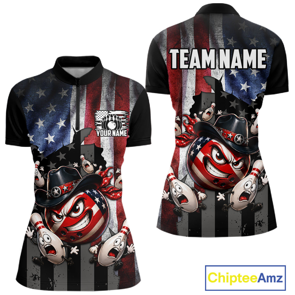Polo shirt with American flag design and cartoon character, customizable text on a white background.