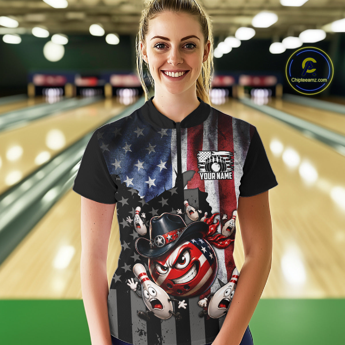 Person wearing a colorful t-shirt with graphics in a bowling alley
