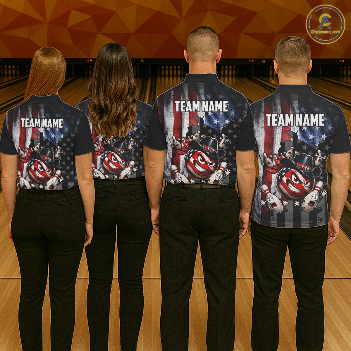 Four people wearing matching bowling shirts with a team name on a bowling alley.