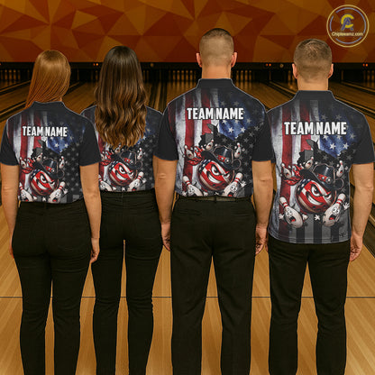 Four people wearing matching bowling shirts with a team name on a bowling alley.
