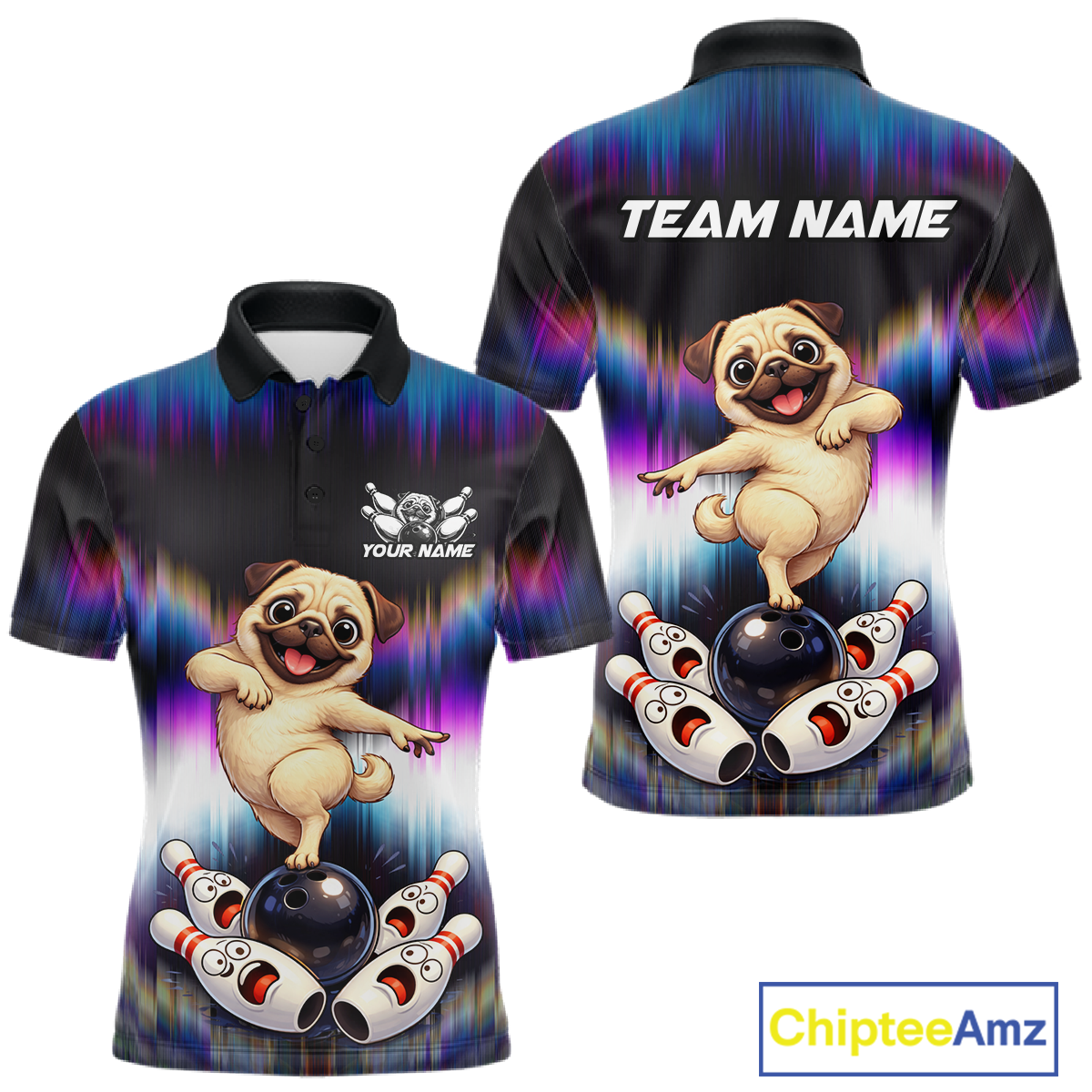 Custom Colorful Funny Pug Dog Bowling Shirt Bowling Jersey for Men Polo & 1/4-Zip Bowling Outfit QZT905