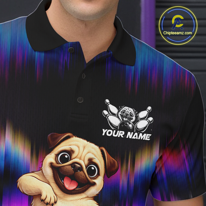 Custom Colorful Funny Pug Dog Bowling Shirt Bowling Jersey for Men Polo & 1/4-Zip Bowling Outfit QZT905