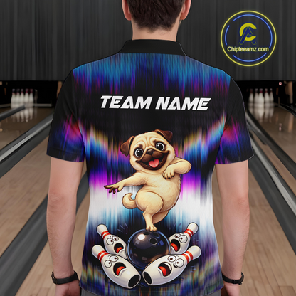 Custom Colorful Funny Pug Dog Bowling Shirt Bowling Jersey for Men Polo & 1/4-Zip Bowling Outfit QZT905