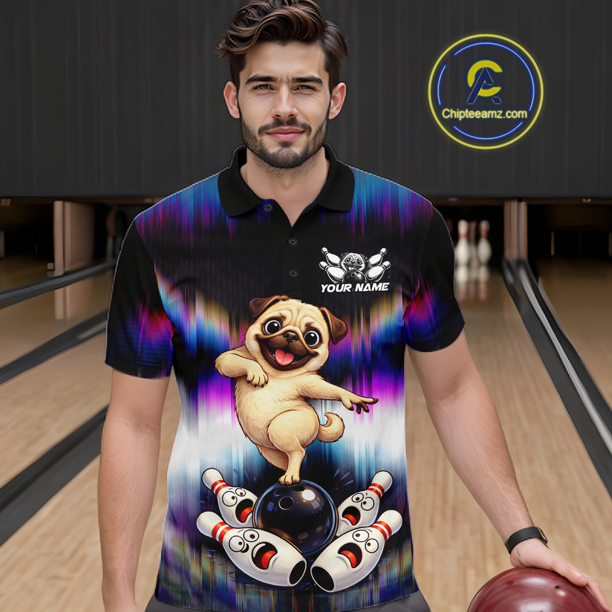 Custom Colorful Funny Pug Dog Bowling Shirt Bowling Jersey for Men Polo & 1/4-Zip Bowling Outfit QZT905