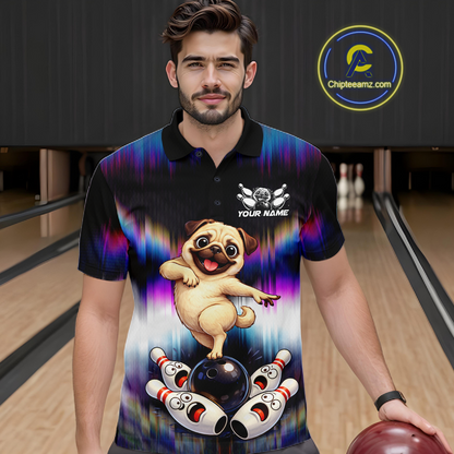 Custom Colorful Funny Pug Dog Bowling Shirt Bowling Jersey for Men Polo & 1/4-Zip Bowling Outfit QZT905