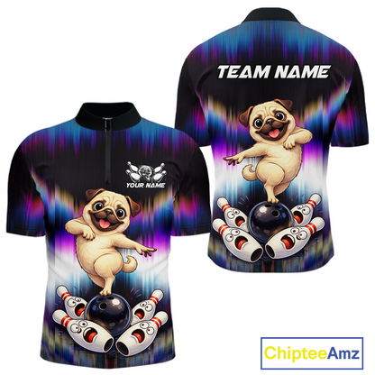 Custom Colorful Funny Pug Dog Bowling Shirt Bowling Jersey for Men Polo & 1/4-Zip Bowling Outfit QZT905