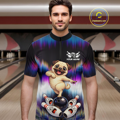 Custom Colorful Funny Pug Dog Bowling Shirt Bowling Jersey for Men Polo & 1/4-Zip Bowling Outfit QZT905