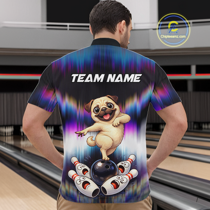 Custom Colorful Funny Pug Dog Bowling Shirt Bowling Jersey for Men Polo & 1/4-Zip Bowling Outfit QZT905