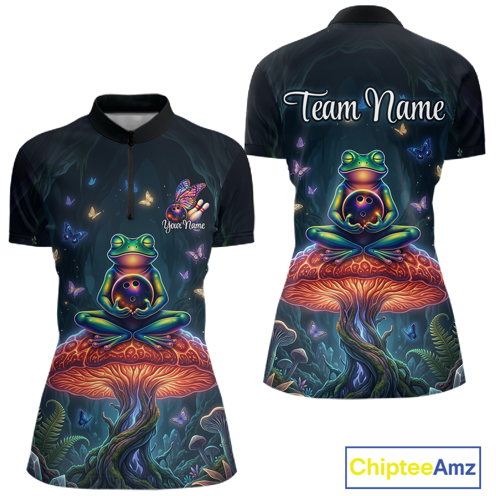 Custom Zen Frog Bowling Shirt for Women Meditation Style Bowling Jersey Polo & 1/4-Zip QZT991