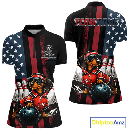 Quarter-zip shirt with dachshund bowling design and American flag pattern, featuring 'Chiptee Amz' branding.
