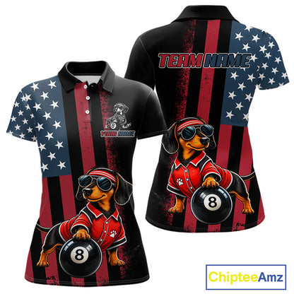 Front and back views of a custom short-sleeve polo shirt featuring a dachshund cartoon wearing sunglasses and a red jersey while holding an 8-ball, set against a distressed American flag background with red and black vertical stripes and white stars. The back view has a placeholder text 'TEAM NAME'.
