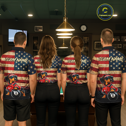 Four people standing with their backs to the camera in a billiards room, wearing matching custom team shirts with a distressed American flag design and a cartoon dog wearing sunglasses 