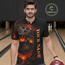Load image into Gallery viewer, Man wearing a black polo shirt with fiery design and 'Your Name' text in a bowling alley.