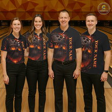 Load image into Gallery viewer, Four people wearing matching bowling shirts with a skull design on a bowling alley.