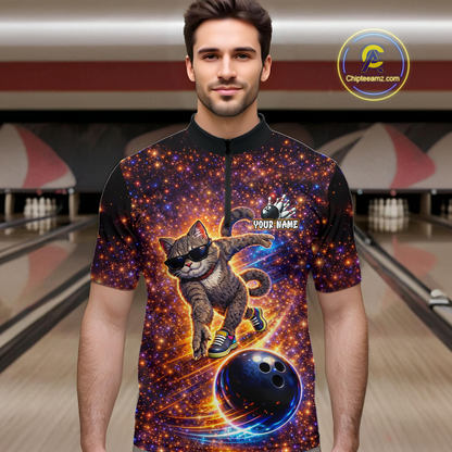 Custom Galaxy Funny Cat Bowling Shirt for Men Bowling League Jersey Polo & Quarter-Zip Bowling Outfit QZT917