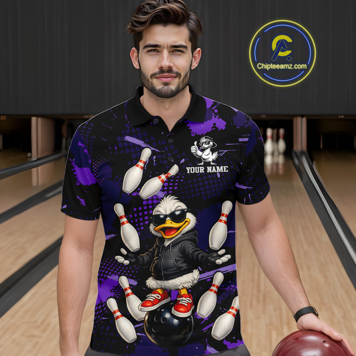 Custom Purple Funny Duck Bowling Shirt for Men Bowling Jersey Polo & 1/4 Zip Bowling Outfit QZT943