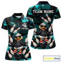 Load image into Gallery viewer, Custom Turquoise Funny Duck Bowling Shirt for Women Bowling Jersey Polo &amp; 1/4 Zip Bowling Outfit QZT943
