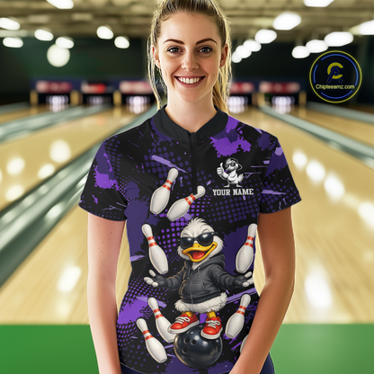 Custom Purple Funny Duck Bowling Shirt for Women Bowling Jersey Polo & 1/4 Zip Bowling Outfit QZT943