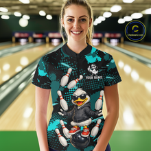 Load image into Gallery viewer, Custom Turquoise Funny Duck Bowling Shirt for Women Bowling Jersey Polo &amp; 1/4 Zip Bowling Outfit QZT943