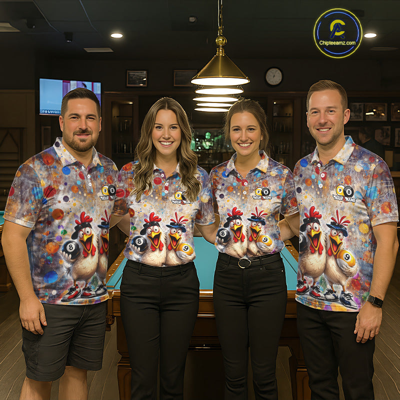 Custom Funny Chicken Billiard Shirt for Women Colorful 8 Ball & 9 Ball Shirt Buddy Billiard Jersey BHT42