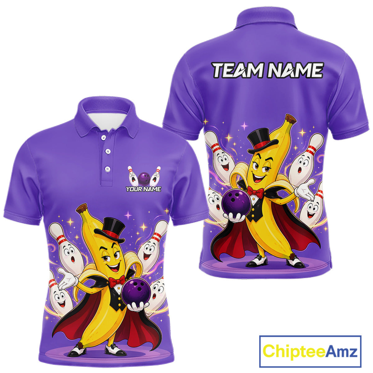 Purple polo shirt with cartoon banana character and bowling pins on a white background