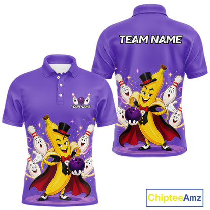 Purple polo shirt with cartoon banana character and bowling pins on a white background