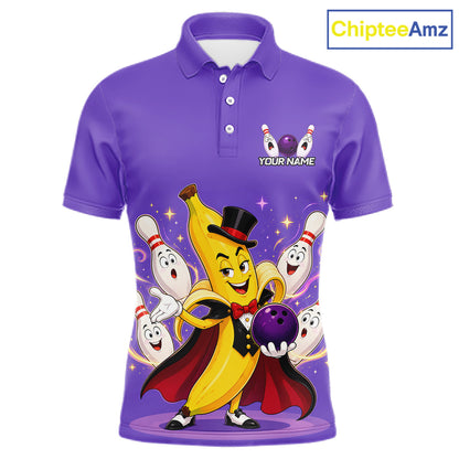 Purple polo shirt with cartoon character and bowling pins on a white background, branded 'ChipteeAmz'.