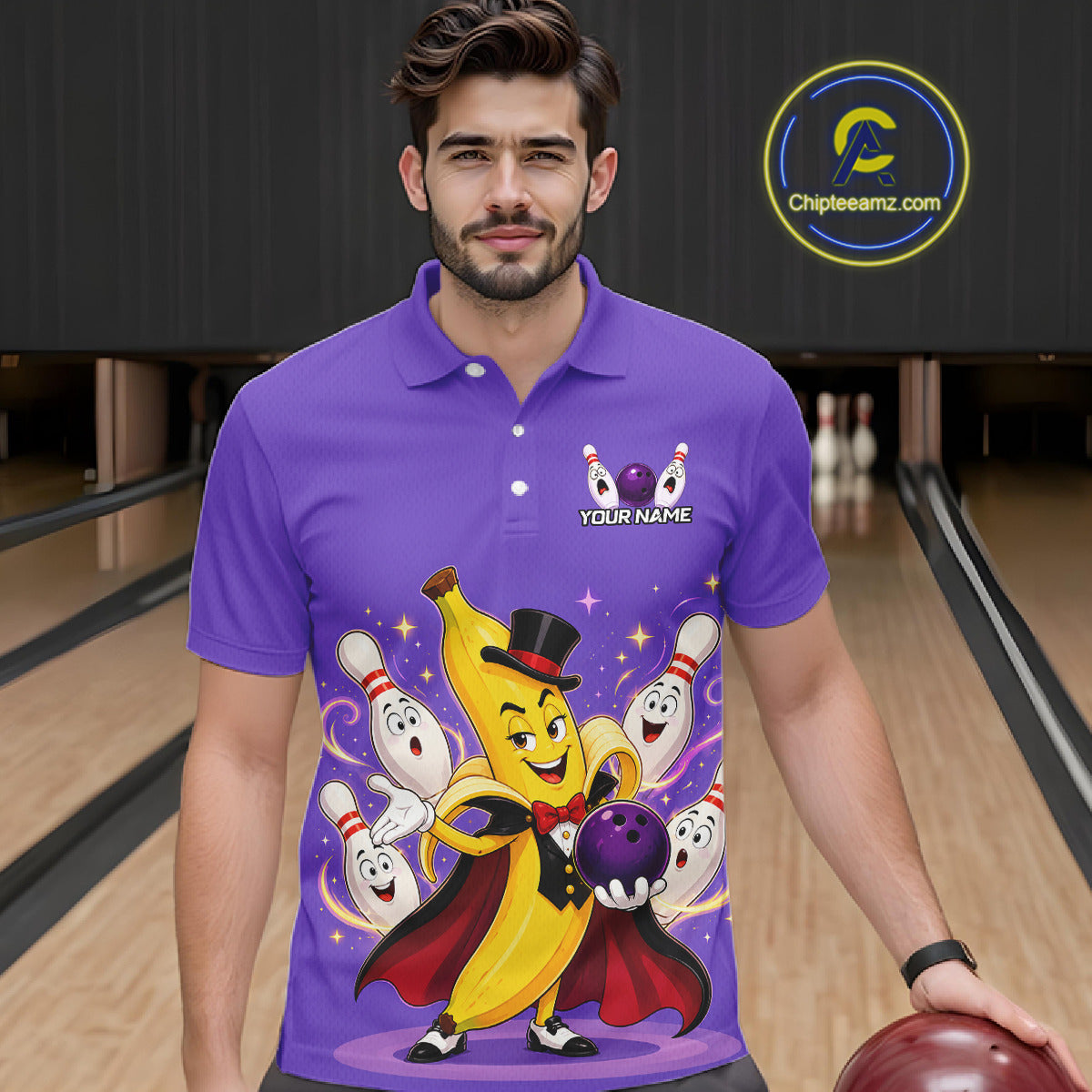 Man wearing a purple bowling-themed shirt with cartoon characters in a bowling alley.