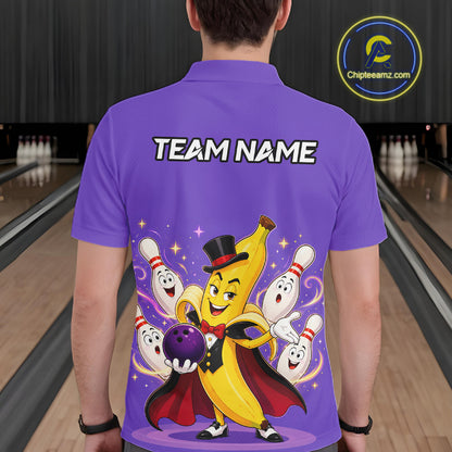 Person wearing a purple shirt with a cartoon banana character and bowling pins on a bowling alley background